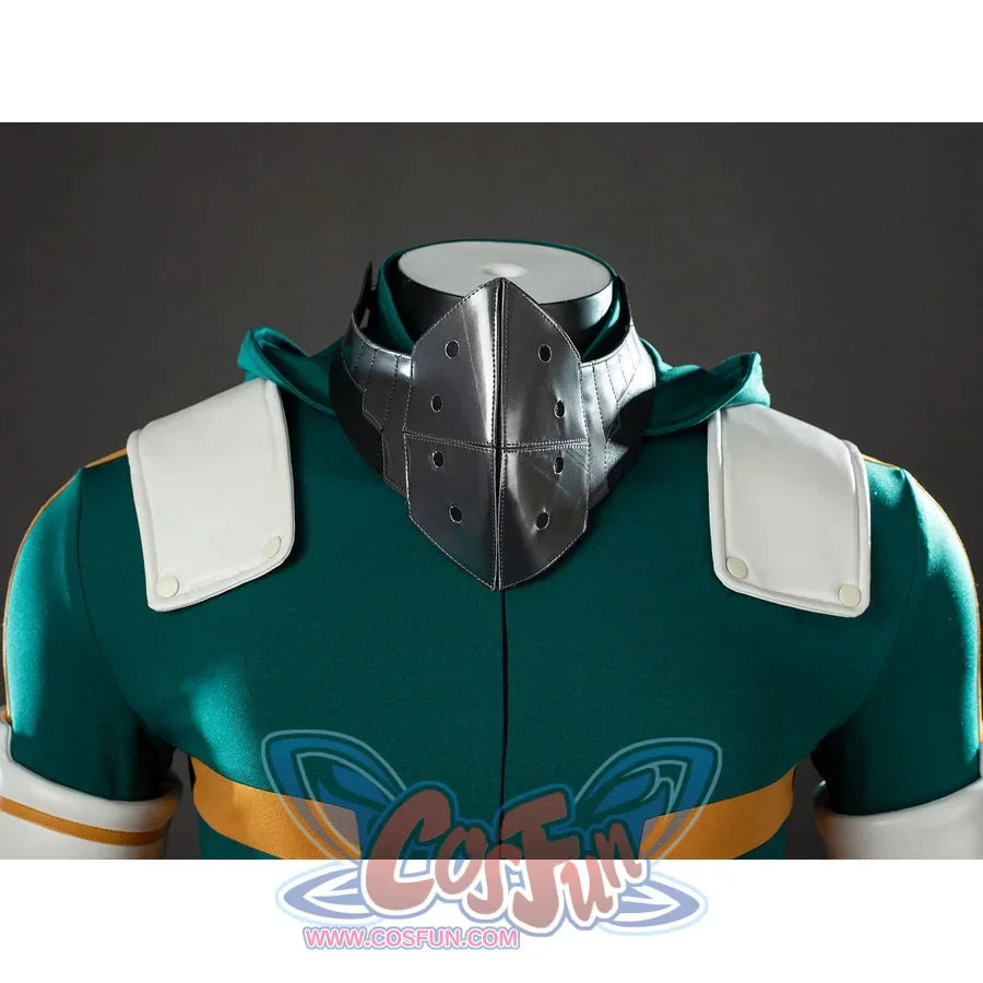My Hero Academia Deku cosplay mask detail sets a silver-tone face guard below white shoulder pads.