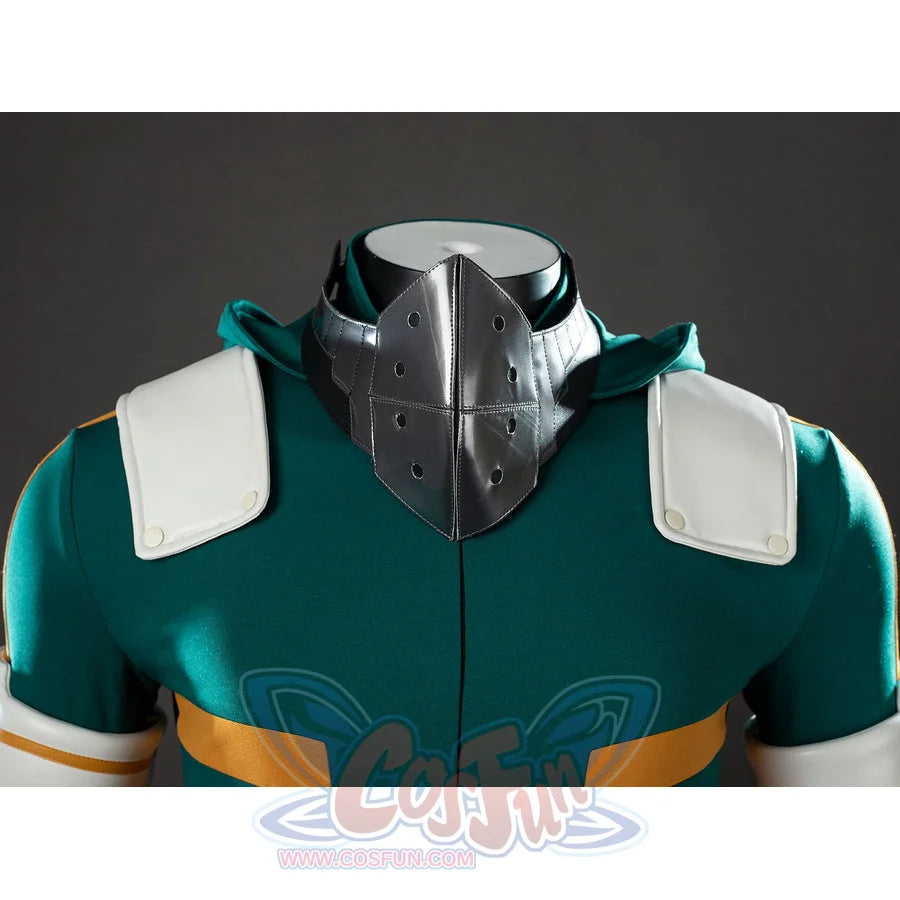 My Hero Academia Deku cosplay mask detail sets a silver-tone face guard below white shoulder pads.