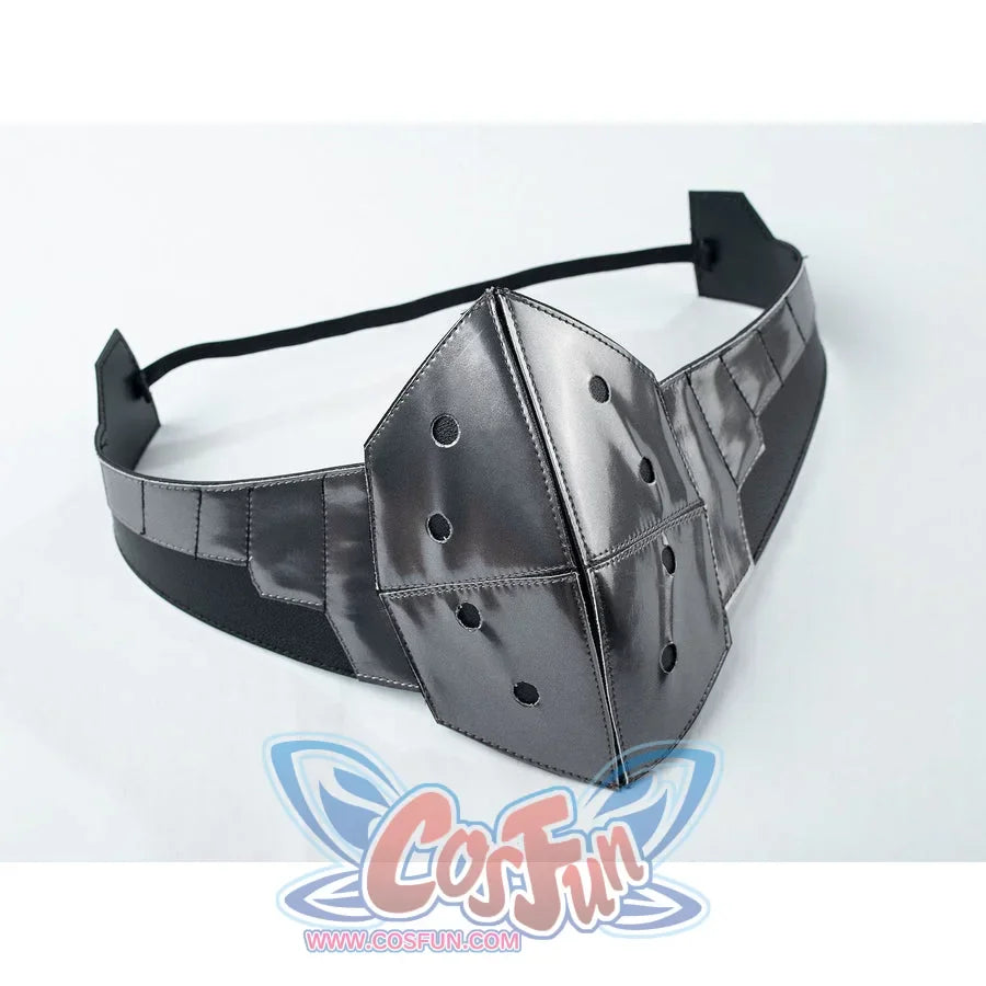 My Hero Academia Deku cosplay mask lays out silver-tone armor panels with an elastic black strap.