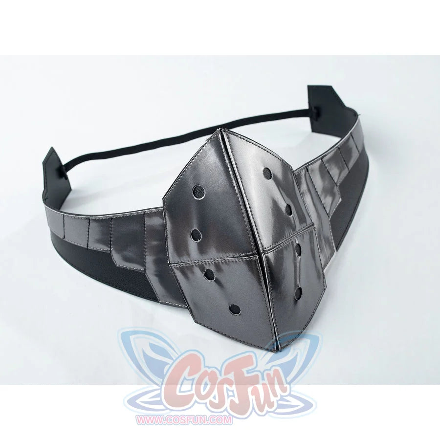 My Hero Academia Deku cosplay mask lays out silver-tone armor panels with an elastic black strap.