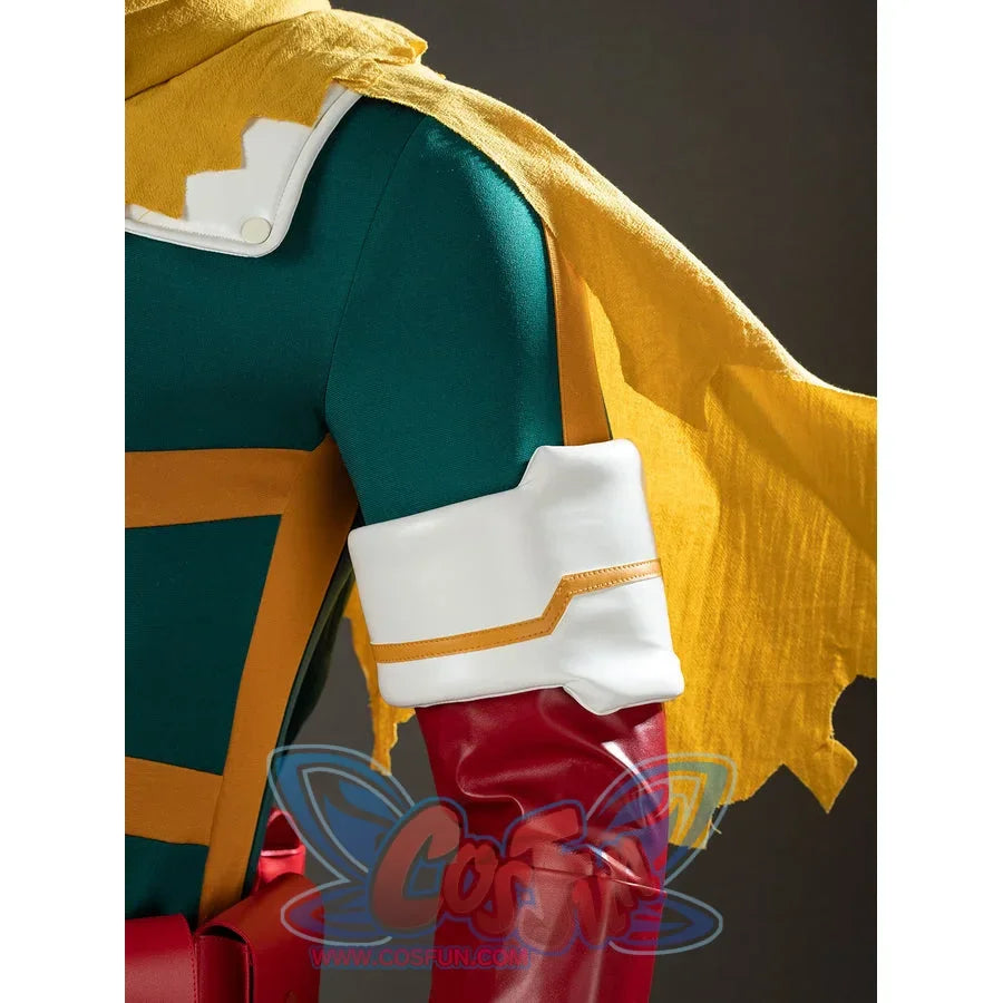 My Hero Academia Deku cosplay shoulder detail layers a yellow cape over red sleeve armor and white cuffs.