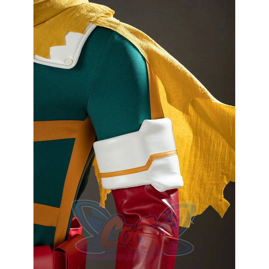 My Hero Academia Deku cosplay shoulder detail layers a yellow cape over red sleeve armor and white cuffs.