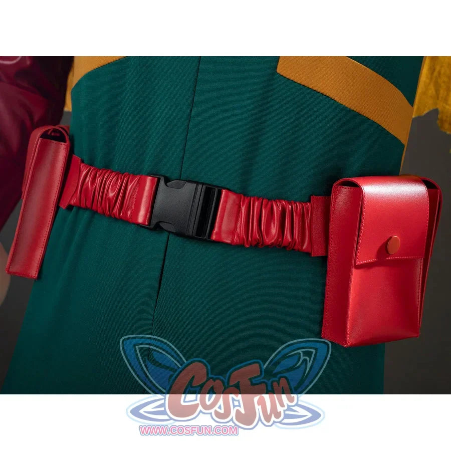 My Hero Academia Deku cosplay belt pouch detail sets a red side bag against the green waist seam.