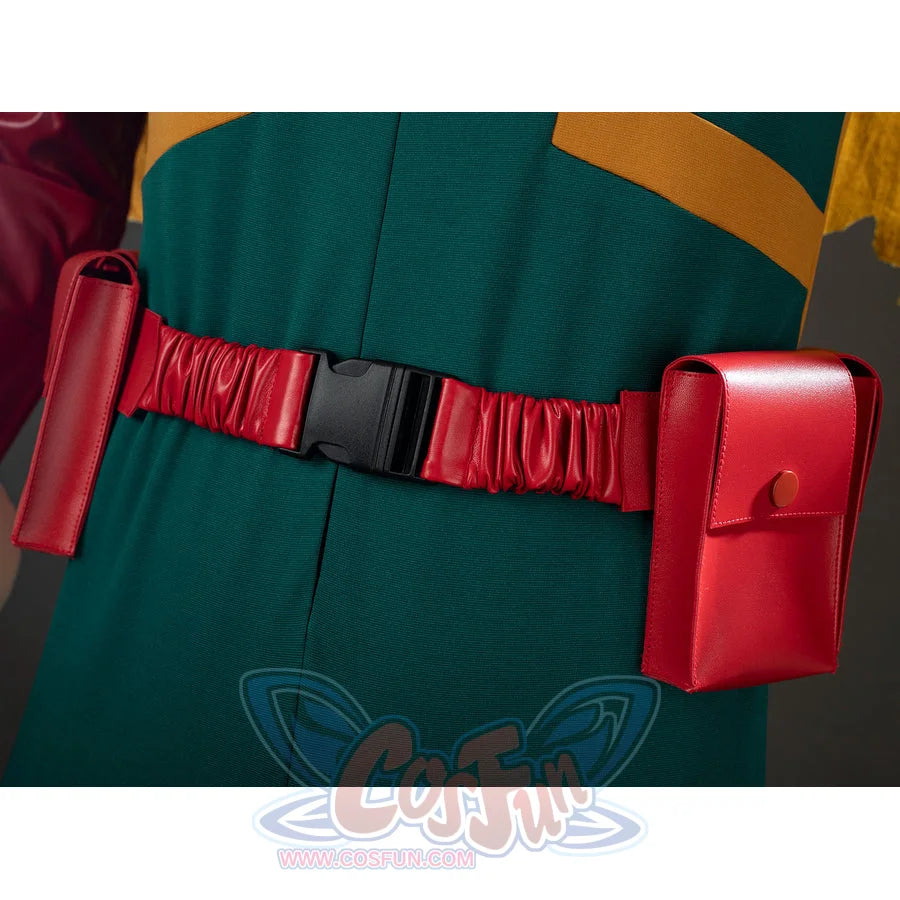My Hero Academia Deku cosplay belt pouch detail sets a red side bag against the green waist seam.