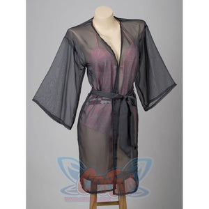 Nezuko cosplay swimsuit cover-up detail centers the black sheer robe, wide sleeves, and waist tie.