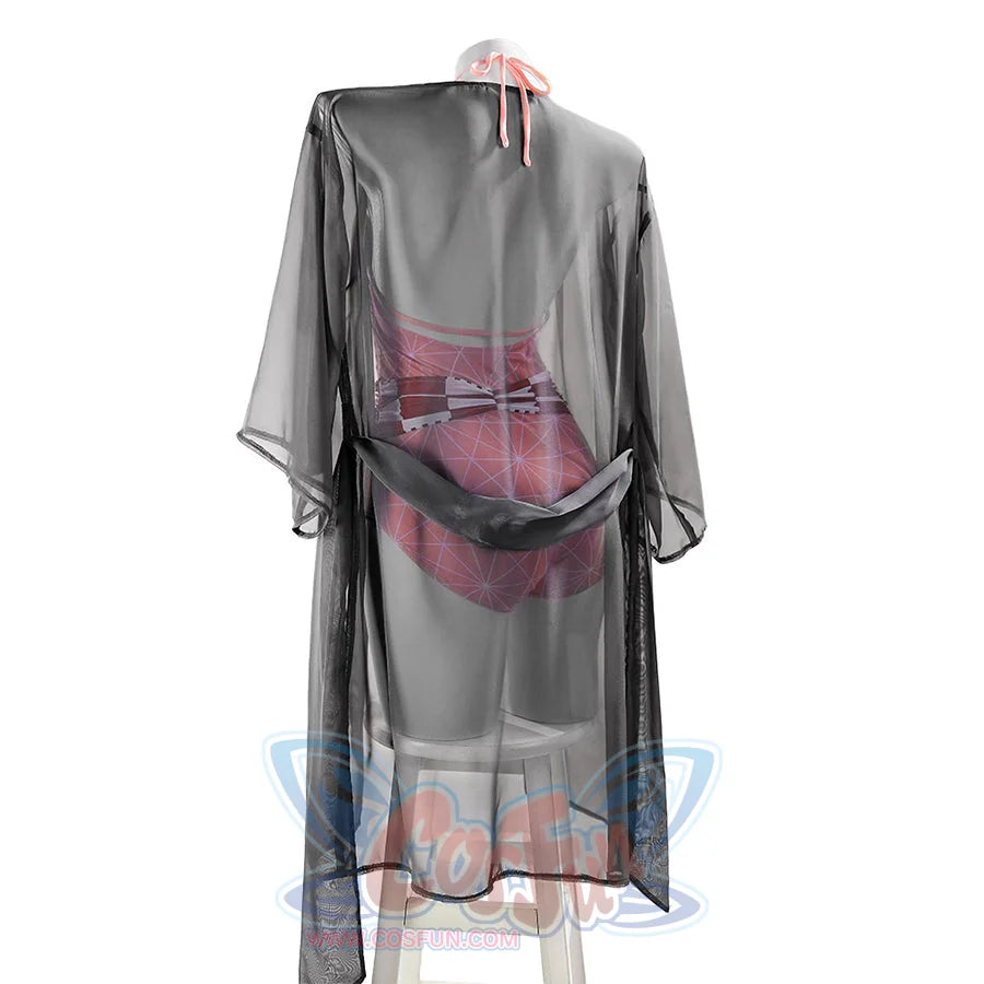 COSFUN Nezuko cosplay swimsuit set front view with a pink one-piece swimsuit and grey sheer cover-up