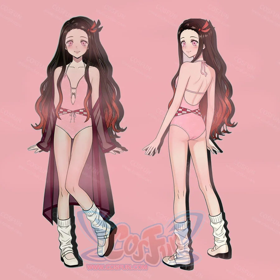 Nezuko cosplay swimsuit design reference showing front and back styling with a black sheer cover-up