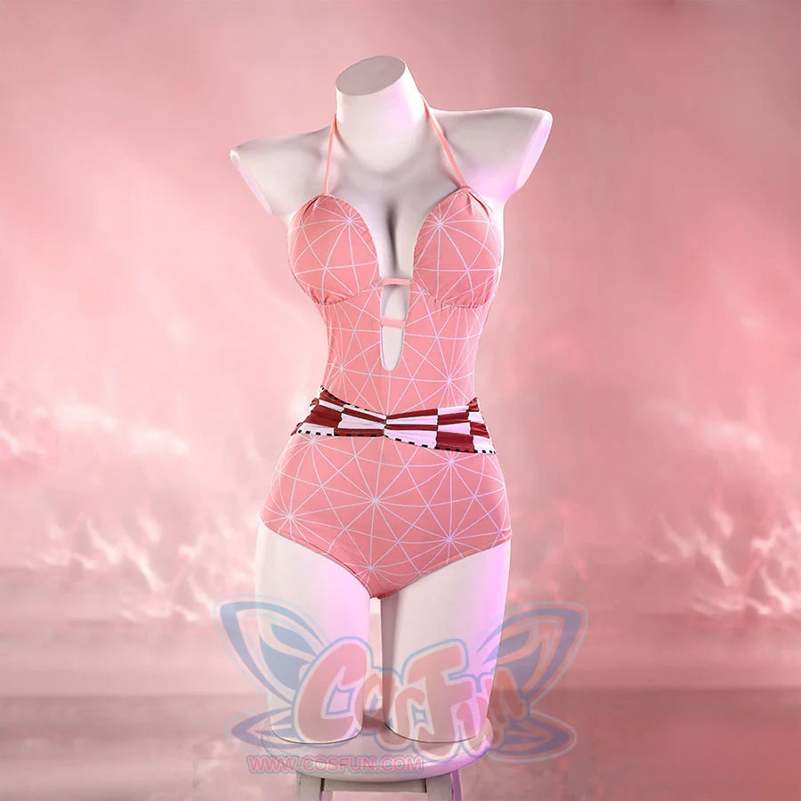 Nezuko cosplay swimsuit front view with a pink patterned one-piece suit, white collar, and waist band