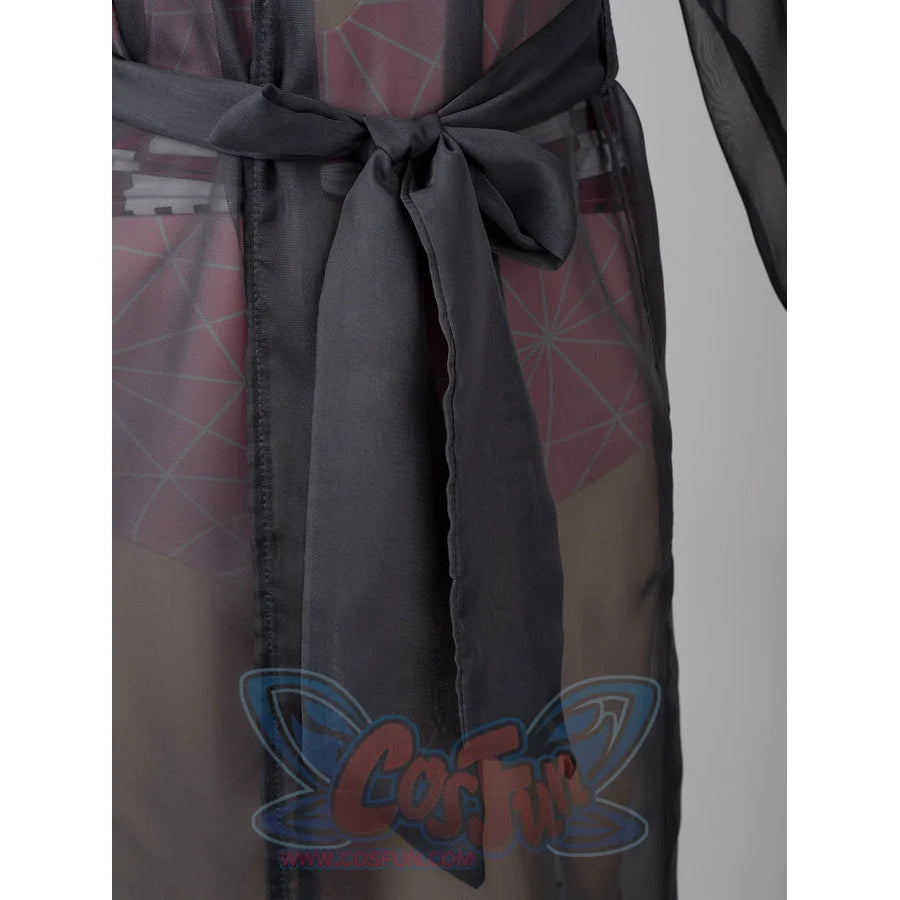 Nezuko cosplay swimsuit cover-up bow detail ties black sheer fabric at the waist.