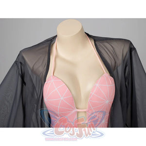Nezuko cosplay swimsuit neckline detail frames the pink bodysuit beneath the black sheer cover-up.