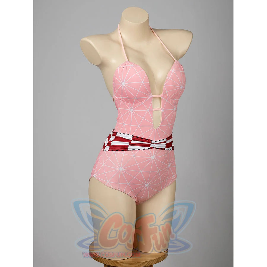 Nezuko cosplay swimsuit angled view traces the pink bodysuit neckline and red checked waist band.