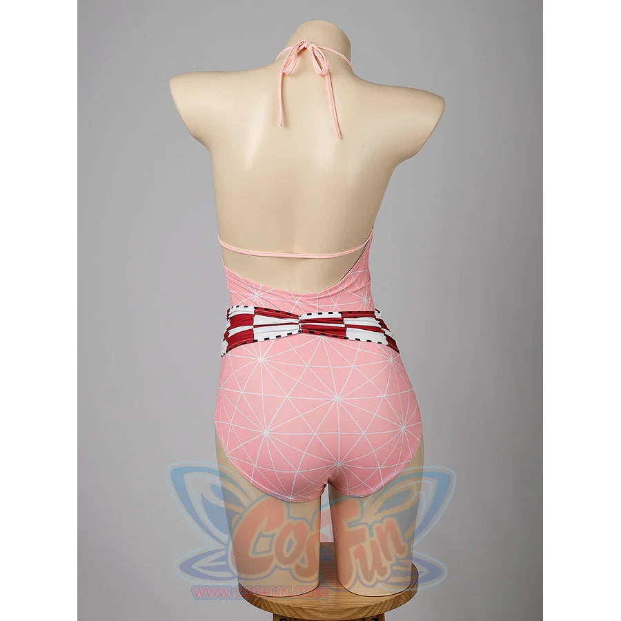 Nezuko cosplay swimsuit back view ties the pink halter above the patterned one-piece.