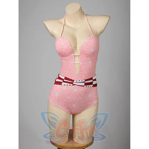 Nezuko cosplay swimsuit front view centers the pink one-piece bodysuit and red patterned waist trim.