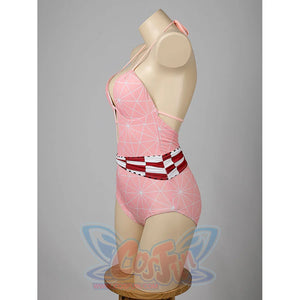 Nezuko cosplay swimsuit side view sets the pink bodysuit under slim halter straps.