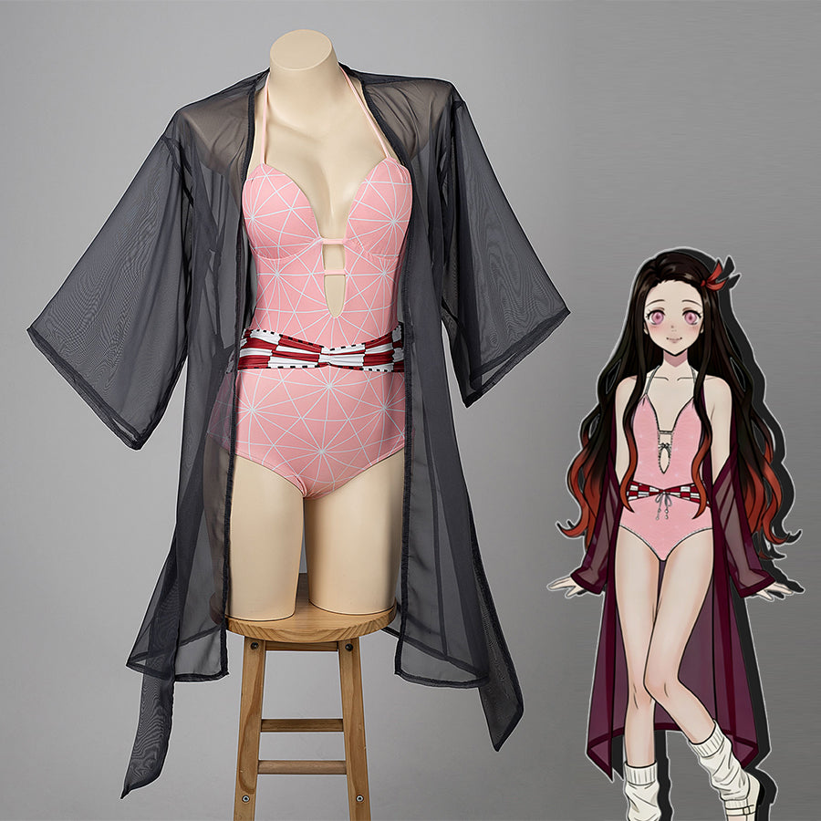 COSFUN Demon Nezuko cosplay swimsuit layers a pink geometric bodysuit under a sheer black cover-up.