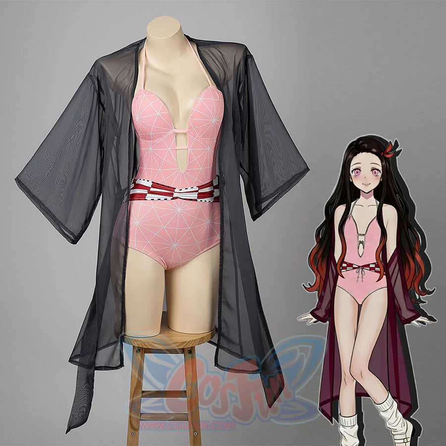 COSFUN Demon Nezuko cosplay swimsuit layers a pink geometric bodysuit under a sheer black cover-up.