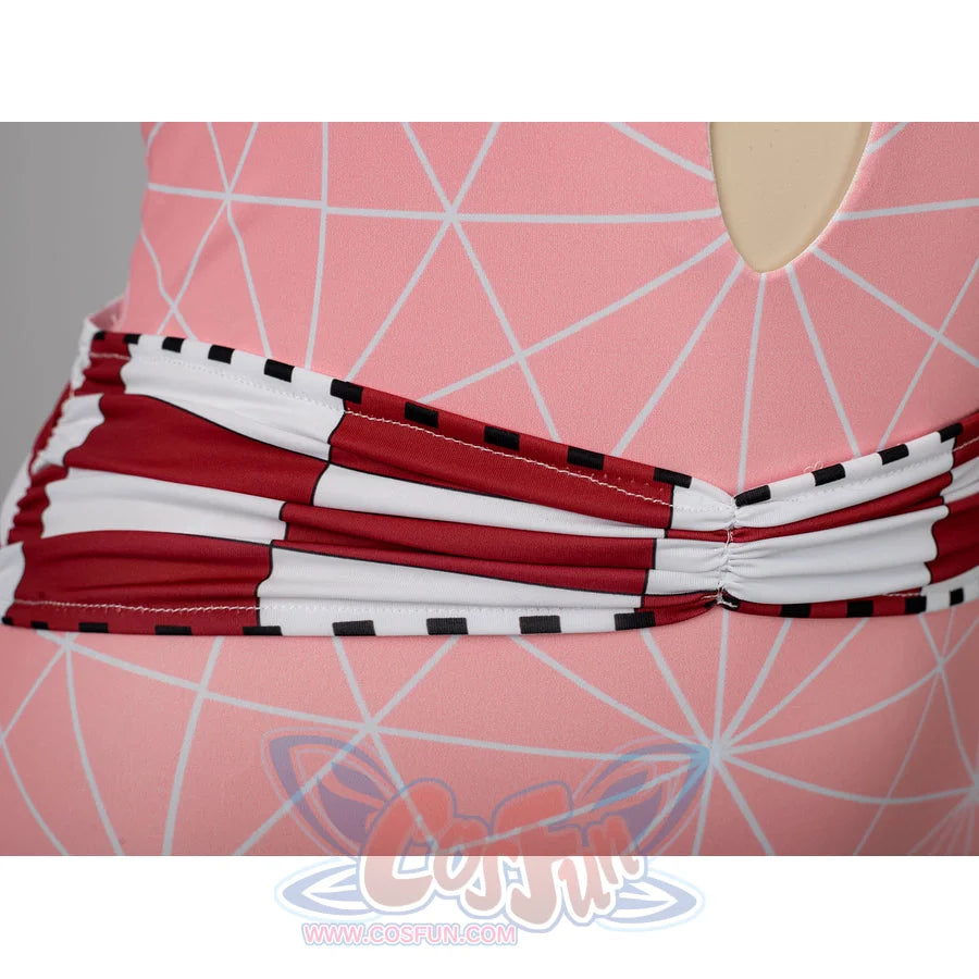 Nezuko cosplay swimsuit belt detail centers red and white patterned trim across the waist.