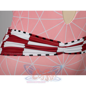 Nezuko cosplay swimsuit belt detail centers red and white patterned trim across the waist.