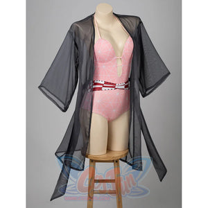 Nezuko cosplay swimsuit angled view frames the pink one-piece through a black sheer cover-up.