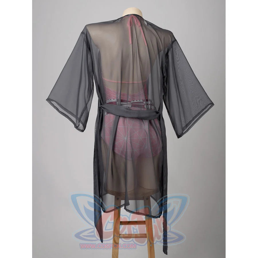 Nezuko cosplay swimsuit back view layers the black sheer cover-up over the pink one-piece.
