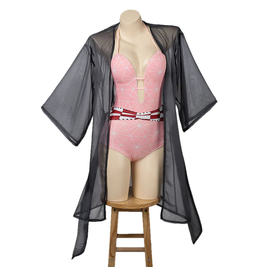COSFUN Demon Nezuko cosplay swimsuit layers a pink geometric bodysuit under a sheer black cover-up.