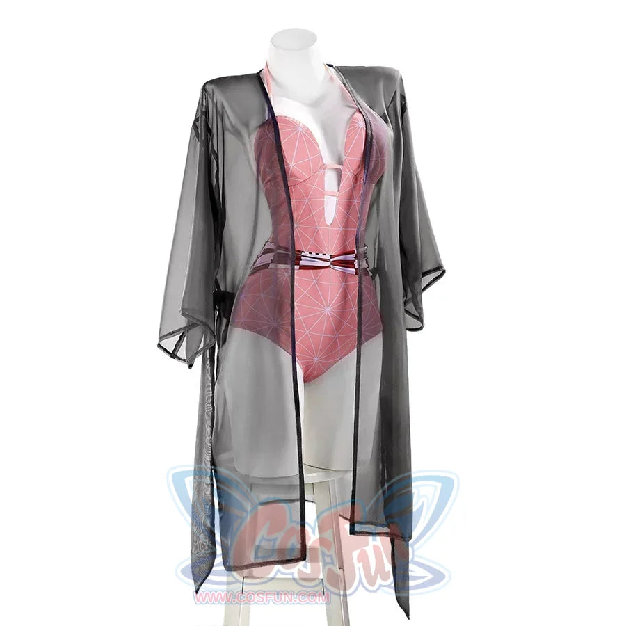 Nezuko cosplay swimsuit full front view layers the pink one-piece under a long black sheer cover-up.