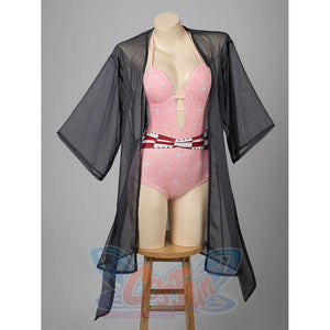 Nezuko cosplay swimsuit front view sets a pink one-piece under a black sheer cover-up and red waist trim.