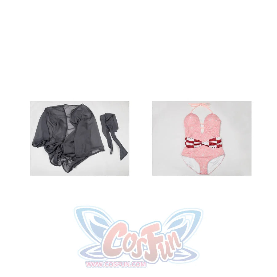Nezuko cosplay swimsuit flat lay separates the black cover-up from the pink one-piece bodysuit.