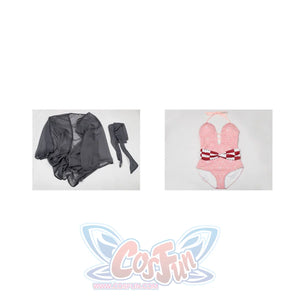 Nezuko cosplay swimsuit flat lay separates the black cover-up from the pink one-piece bodysuit.