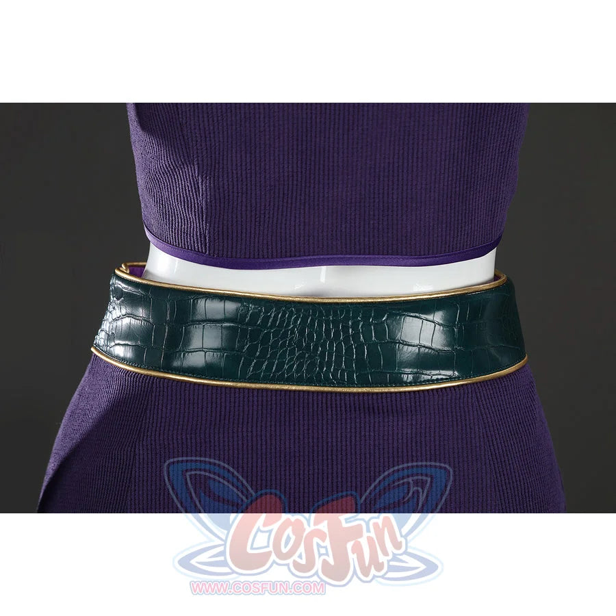 Back waist close-up of Nico Robin cosplay costume with green textured belt, gold piping, purple top, and skirt