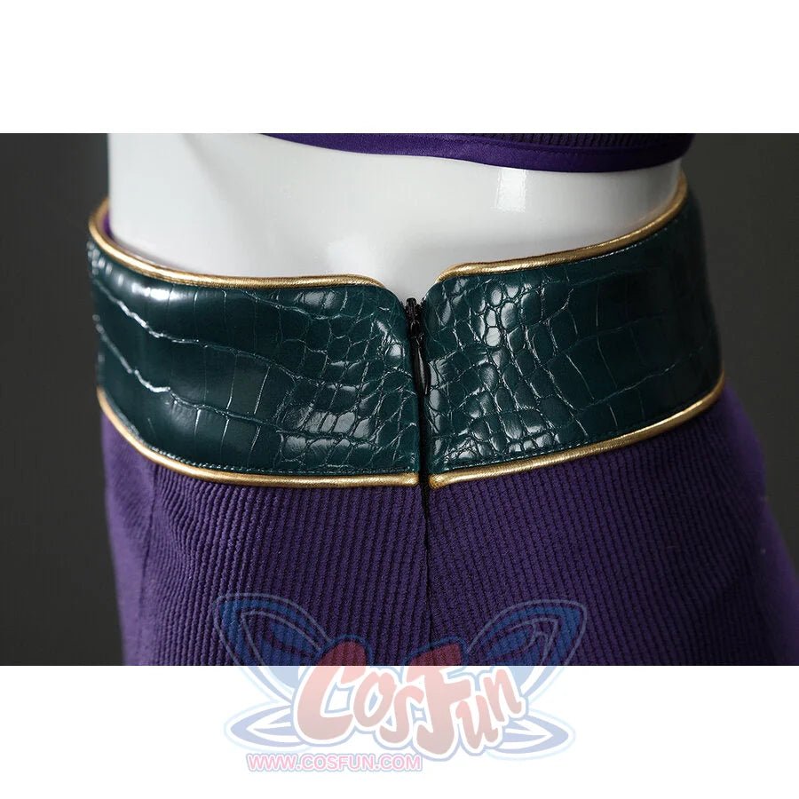Side waist close-up of Nico Robin cosplay costume with green textured belt, gold piping, and purple skirt
