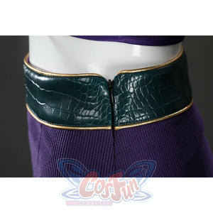 Side waist close-up of Nico Robin cosplay costume with green textured belt, gold piping, and purple skirt