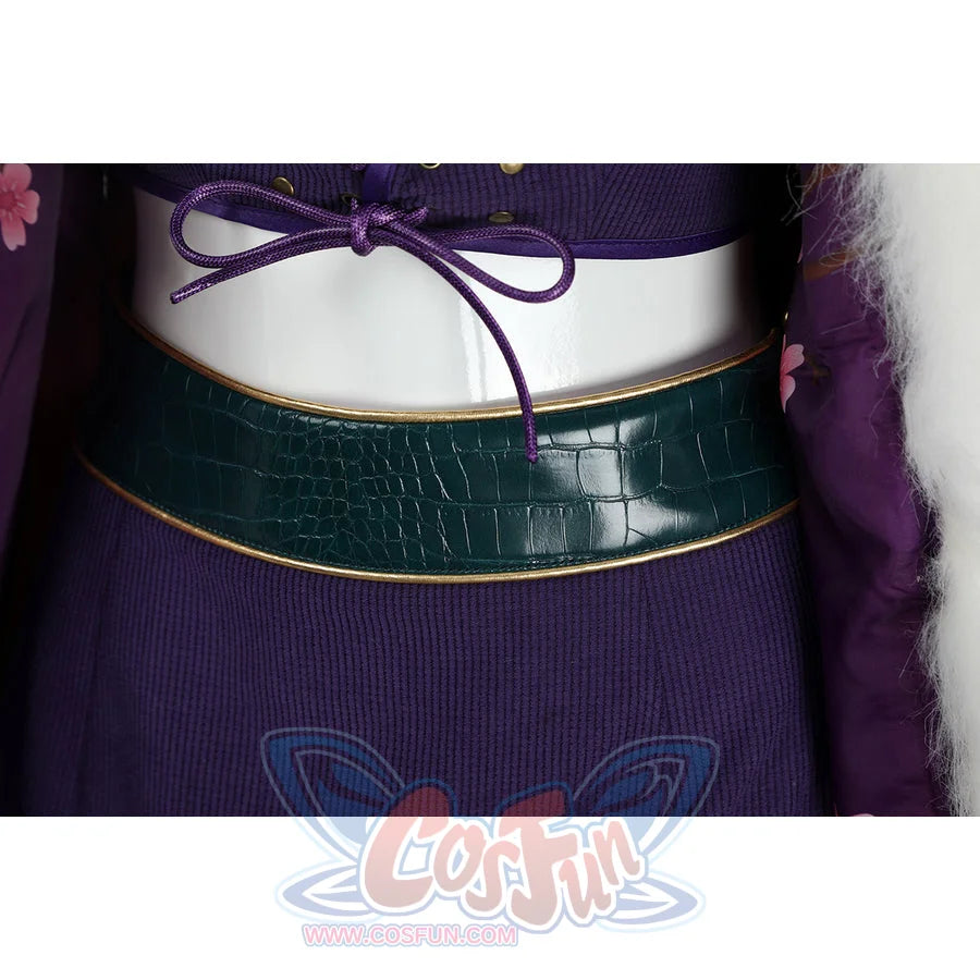 Waist close-up of Nico Robin cosplay costume with purple top hem, green textured belt, skirt, and white fur edge