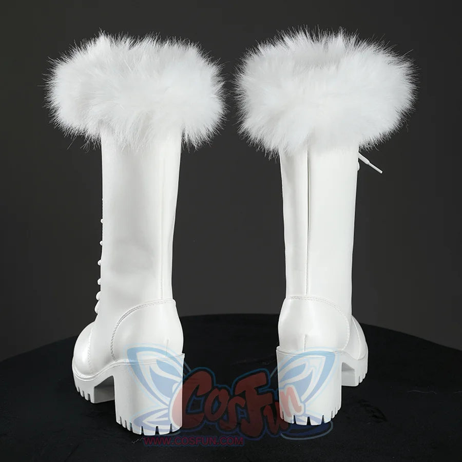 Back view of Nico Robin cosplay boots with white fur trim, rear shaft panels, block heels, and treaded soles