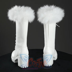 Back view of Nico Robin cosplay boots with white fur trim, rear shaft panels, block heels, and treaded soles