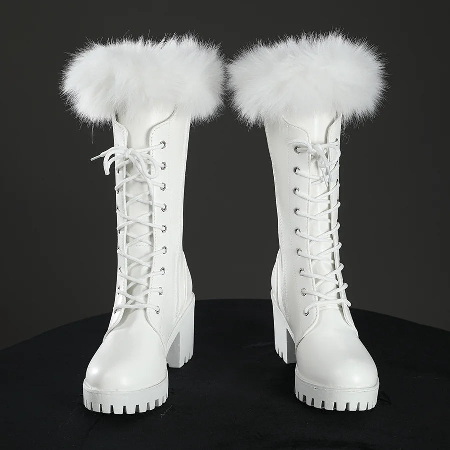 Front view of Nico Robin cosplay boots with white lace-up shafts, fluffy fur trim, chunky heels, and lug soles