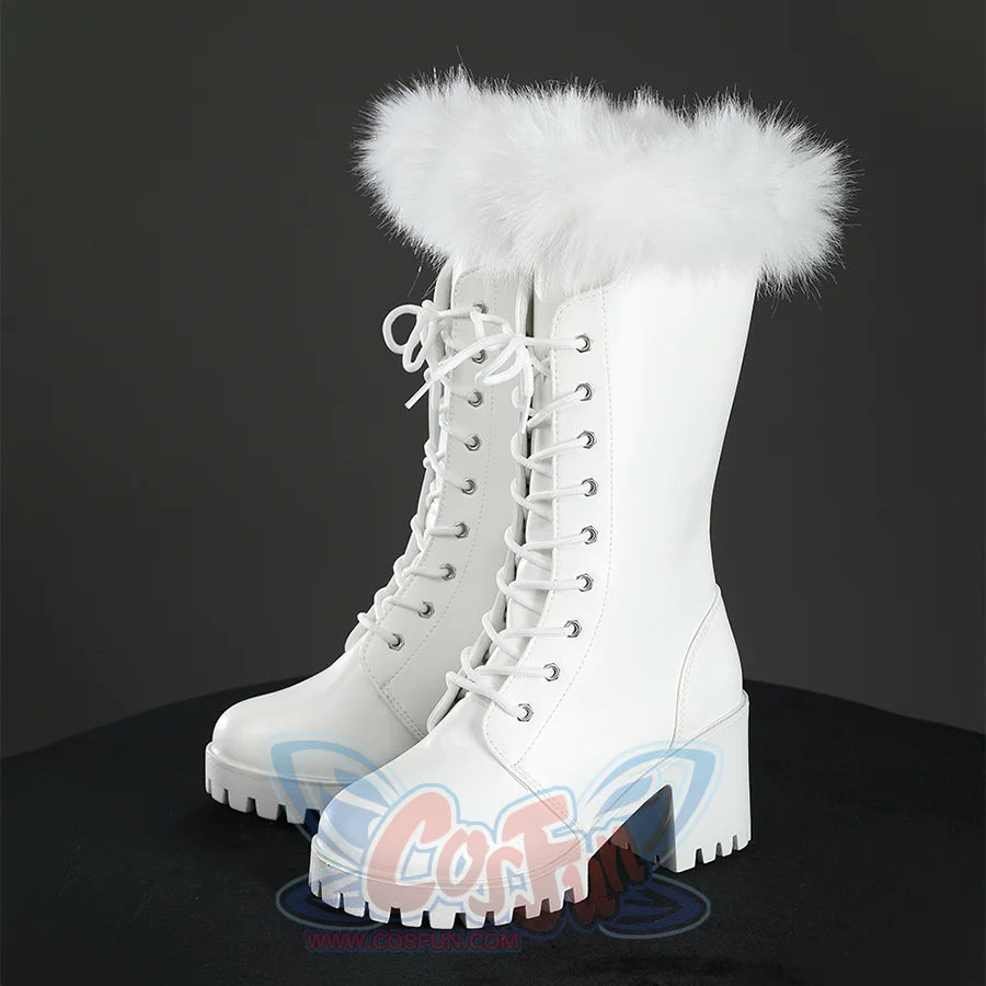 Side angled view of Nico Robin cosplay boots with white fur cuffs, silver eyelets, chunky heels, and lug soles