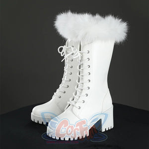 Side angled view of Nico Robin cosplay boots with white fur cuffs, silver eyelets, chunky heels, and lug soles