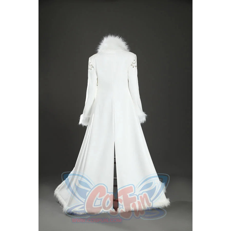 Back mannequin view of Nico Robin cosplay costume white coat with fur collar, cuffs, center seam, and flared hem