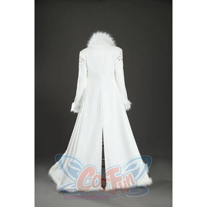 Back mannequin view of Nico Robin cosplay costume white coat with fur collar, cuffs, center seam, and flared hem