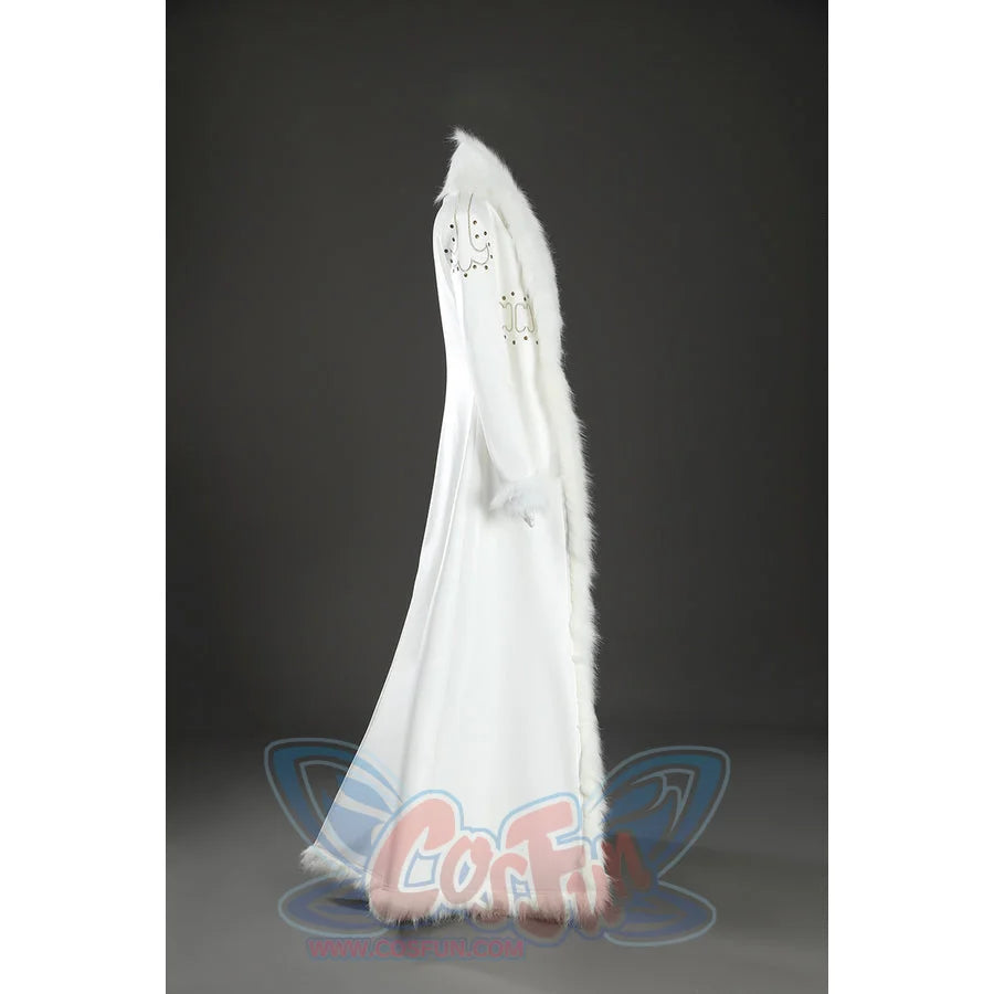 Side view of Nico Robin cosplay costume white coat with fur collar, fur cuff, gold sleeve trim, and long hem
