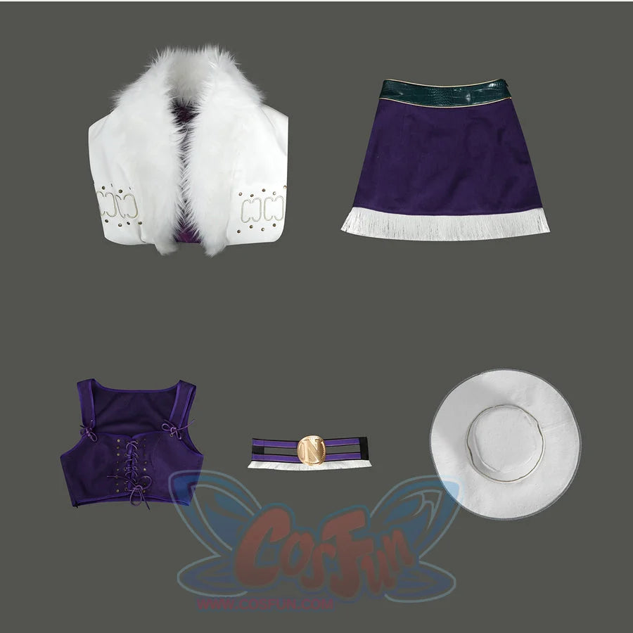 Flat lay of Nico Robin cosplay costume pieces with white fur-trimmed coat, purple skirt, lace-up top, belt, and hat