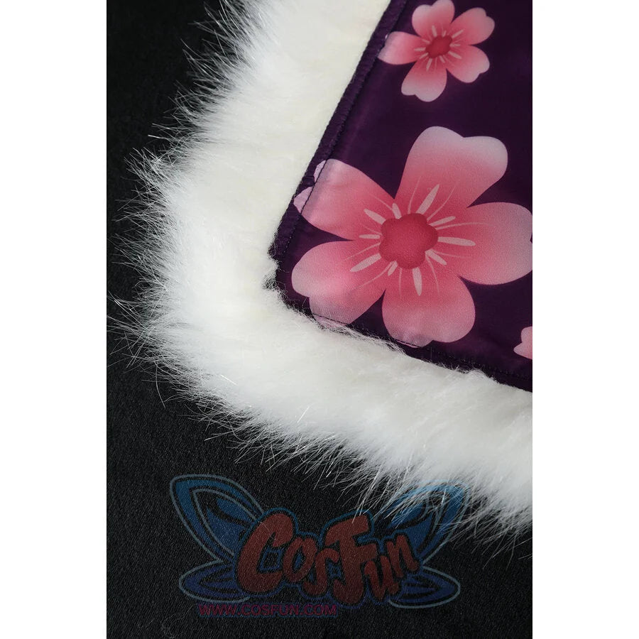 Close-up of Nico Robin cosplay costume purple floral fabric beside thick white fur trim