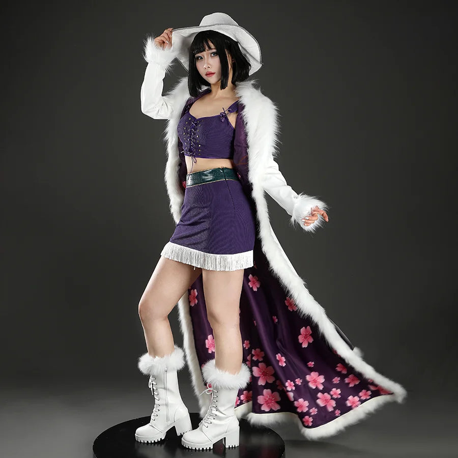 Angled front view of Nico Robin cosplay costume with white hat, fur-trimmed coat, purple top, skirt, and boots