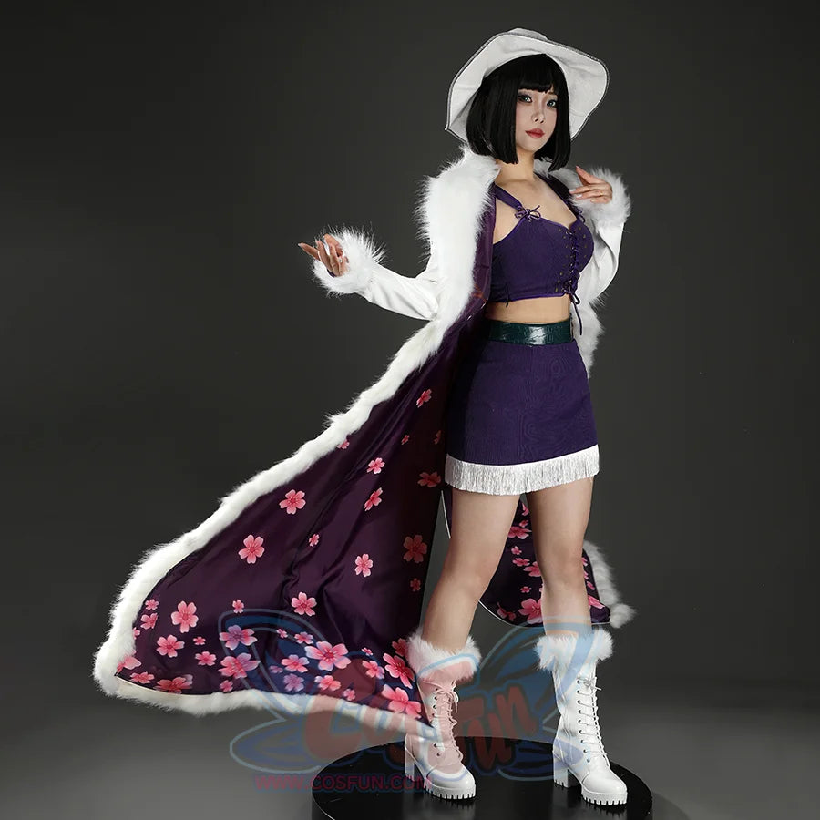 Angled front view of Nico Robin cosplay costume with white hat, fur-trimmed coat, purple top, skirt, and boots