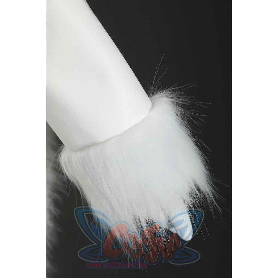 Close-up of Nico Robin cosplay costume white sleeve cuff with fluffy fur trim and smooth white fabric