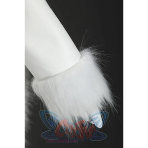 Close-up of Nico Robin cosplay costume white sleeve cuff with fluffy fur trim and smooth white fabric