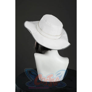Back angled view of Nico Robin cosplay costume white hat with textured crown, black trim, and short black wig