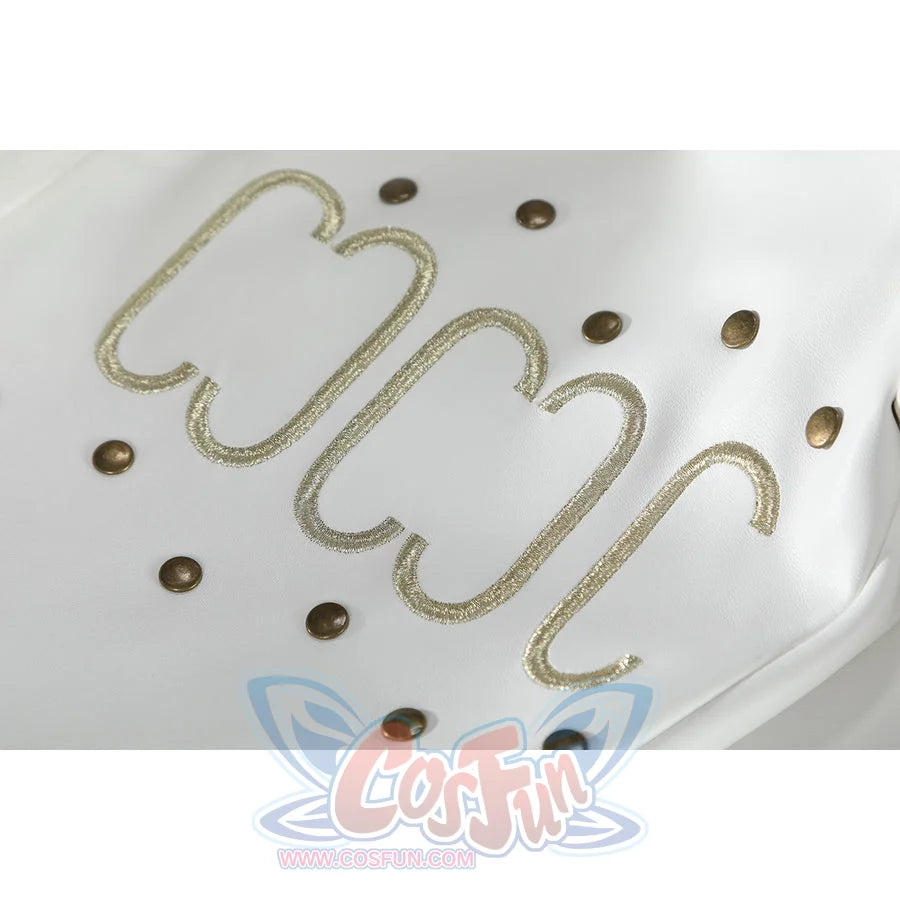 Close-up of Nico Robin cosplay costume white hat with gold embroidered swirl trim and bronze studs