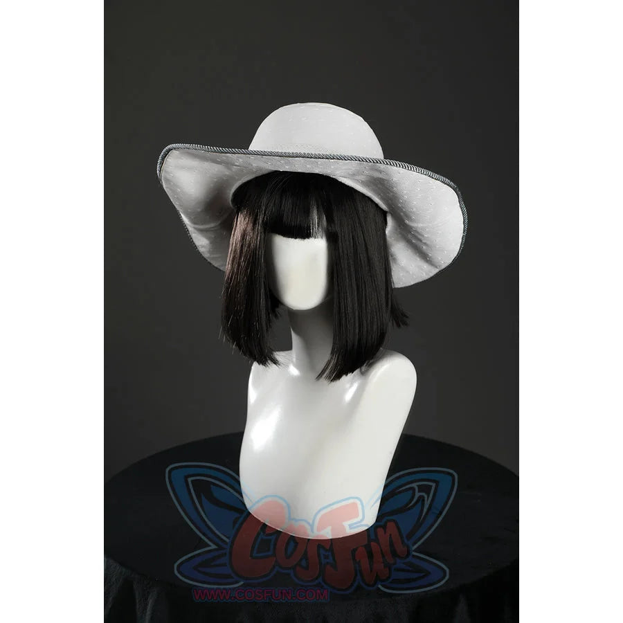 Front view of Nico Robin cosplay costume white wide-brim hat with black edge trim and short black wig